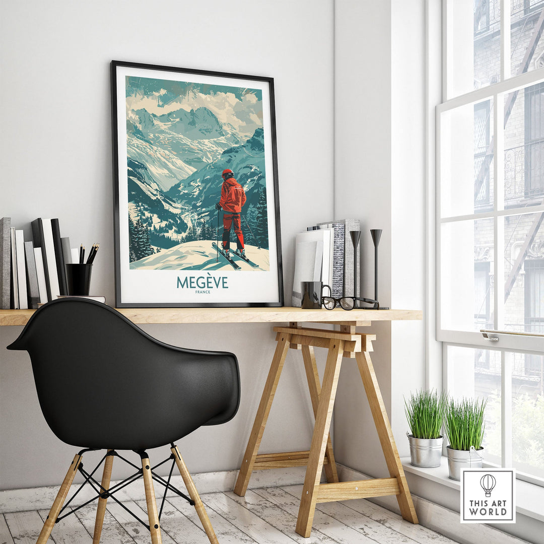 Megève ski poster wall art in modern room featuring scenic French Alps design, perfect for winter sports enthusiasts and home decor enthusiasts.