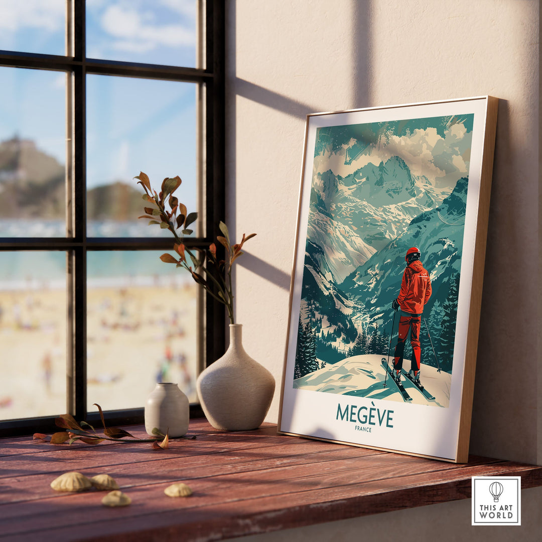 Scenic Megève wall art featuring a skier with snowy mountains, enhancing any space. Perfect ski poster for France travel lovers.