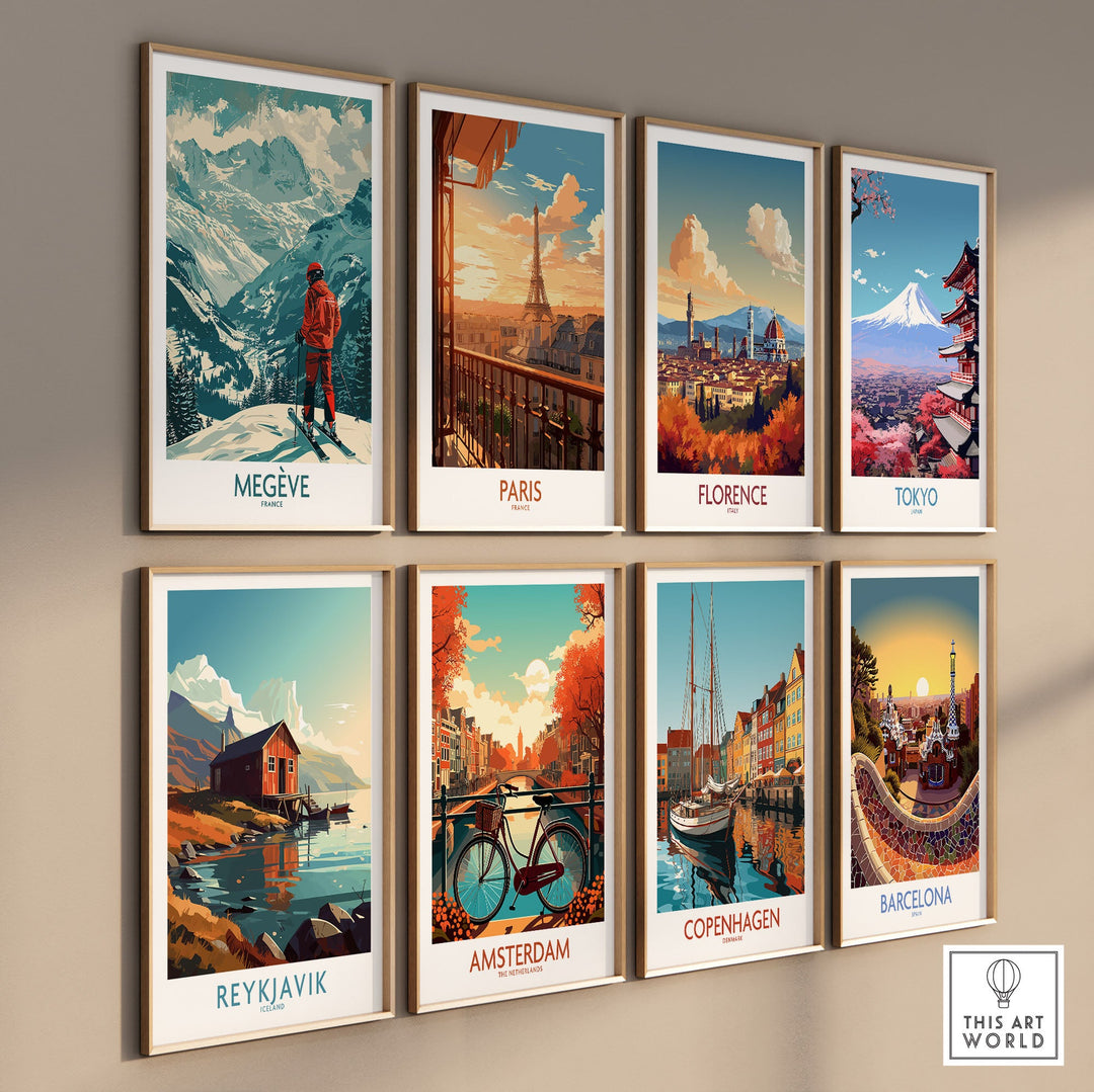 Vintage ski posters featuring Megève and other cities like Paris, Florence, Tokyo, Reykjavik, Amsterdam, Copenhagen, and Barcelona.