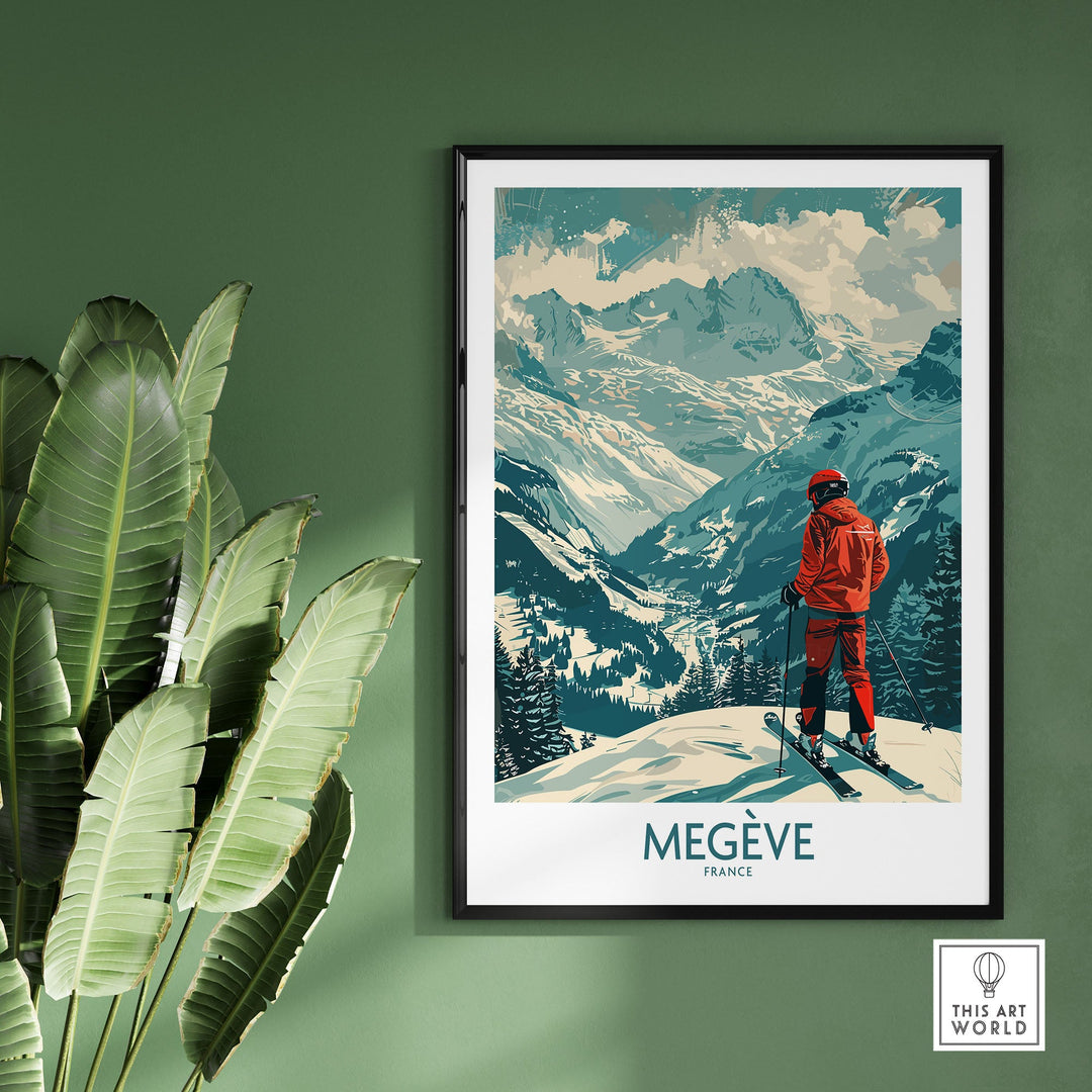 Ski Poster featuring Megève Wall Art, France, showcasing a skier admiring a scenic mountain landscape, perfect for winter sports enthusiasts.