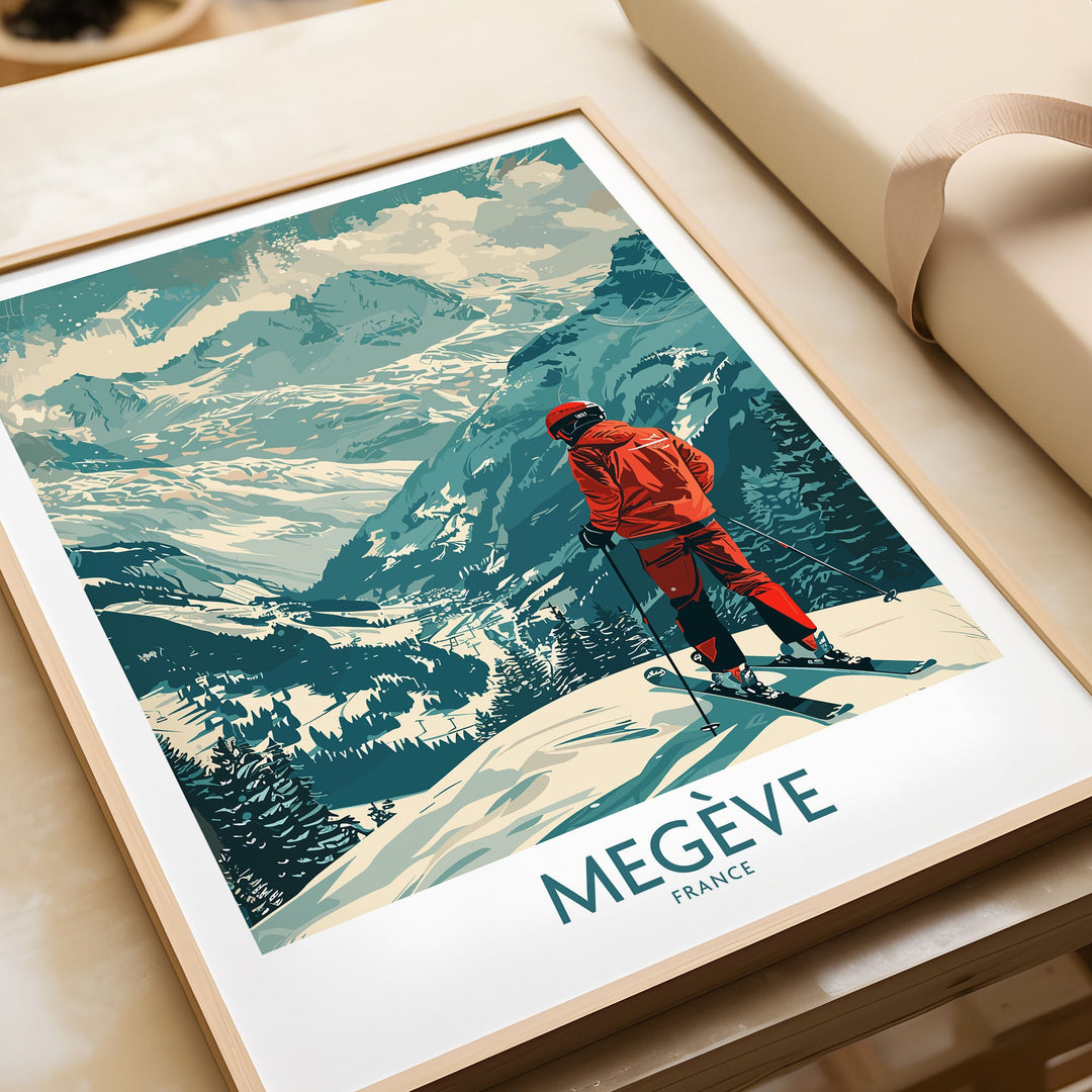 Vintage Megève France ski poster wall art featuring a skier in red, perfect for adding alpine charm to your home decor collection.