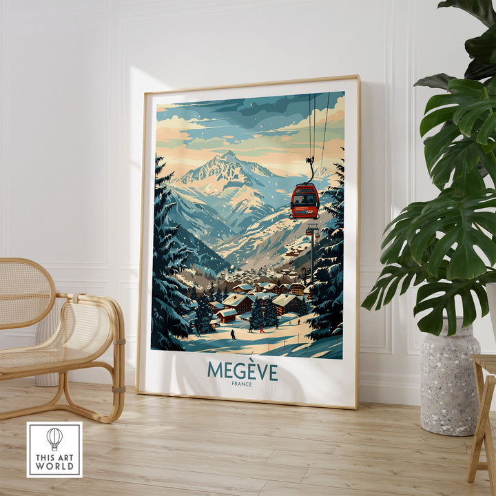 Megève France ski poster showcasing mountain scenery and cable car, perfect wall art for winter sports enthusiasts.