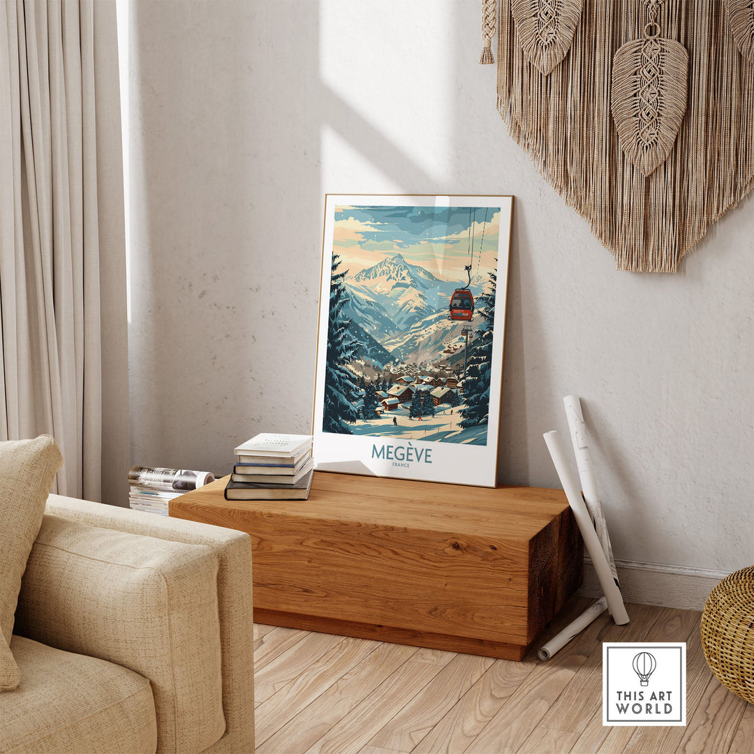 Megève ski poster featuring French Alpine landscape in stylish living room setting. Perfect wall art for ski enthusiasts.