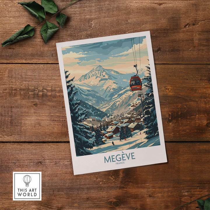 Megève wall art poster of a snowy ski resort in France, featuring a cable car and mountain scene. Ski Poster by This Art World.