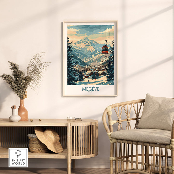 Megève ski poster wall art featuring a snowy mountain scene in France, displayed in a cozy room with a chair and wooden table.