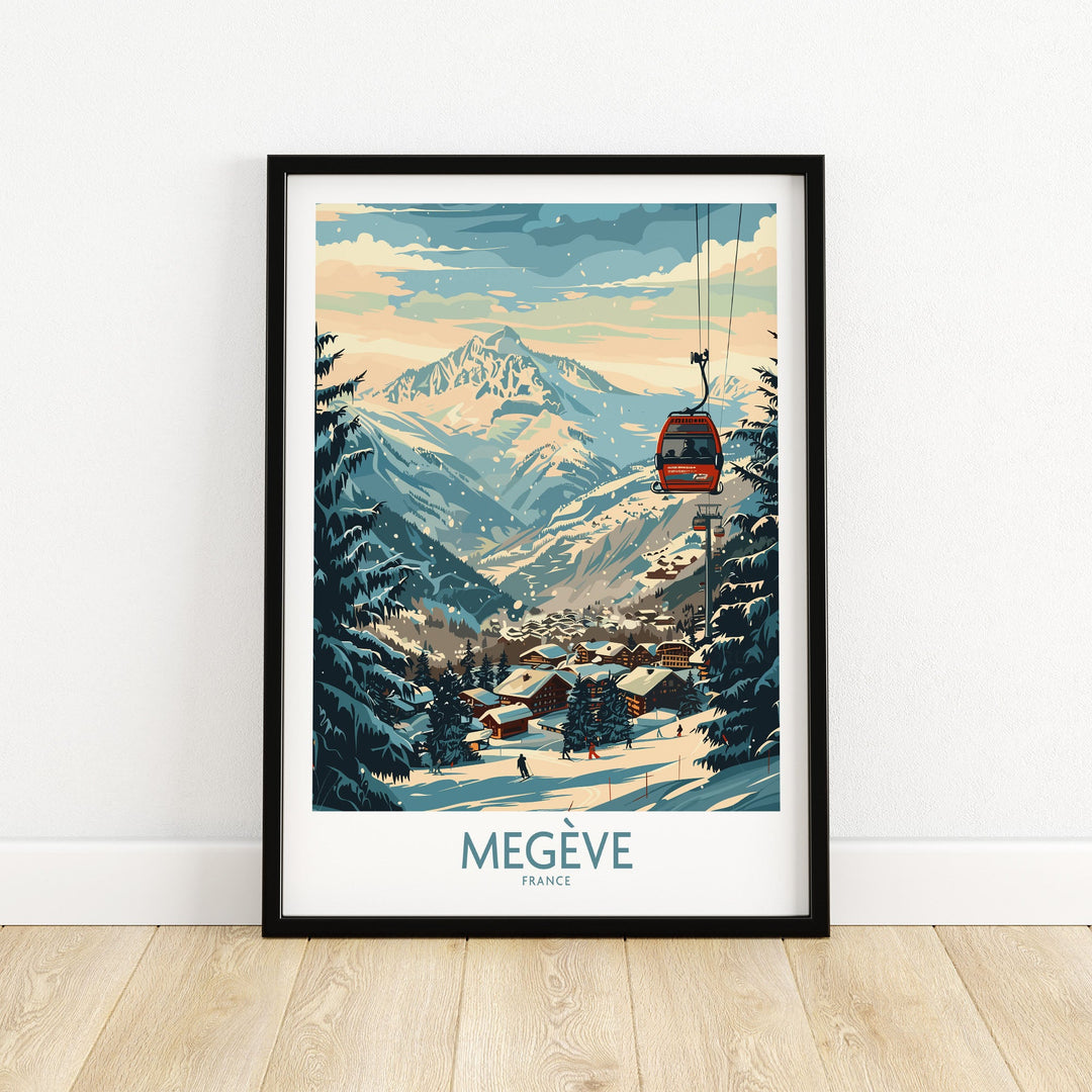 Megève ski poster featuring a scenic French alpine landscape with a cable car and snow-covered village. Perfect wall art decor.