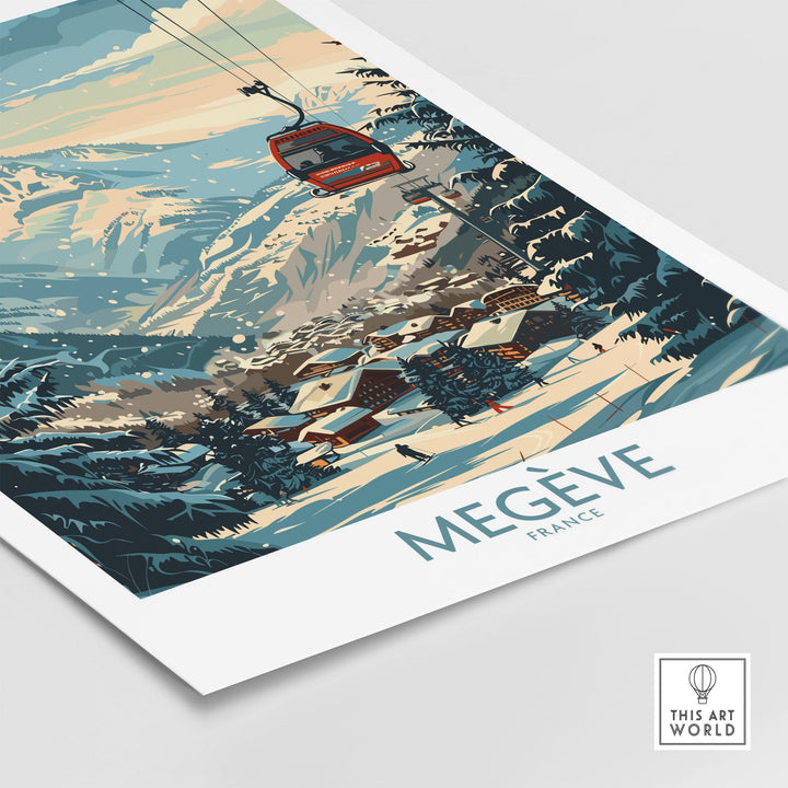 Scenic Megève France ski poster featuring a cable car and snowy mountains, perfect wall art for ski enthusiasts.