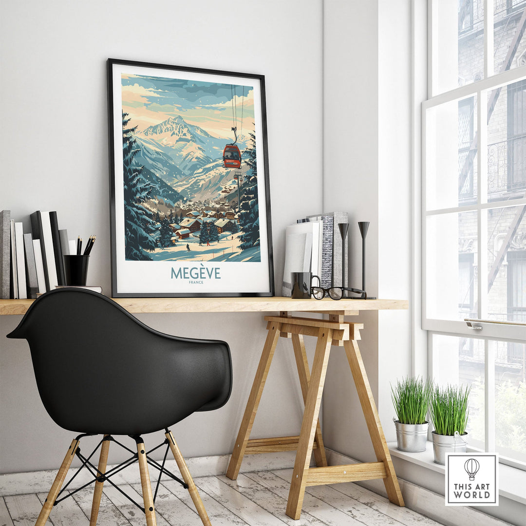 Megève wall art poster featuring scenic ski landscape of France, perfect for ski enthusiasts and home decor.