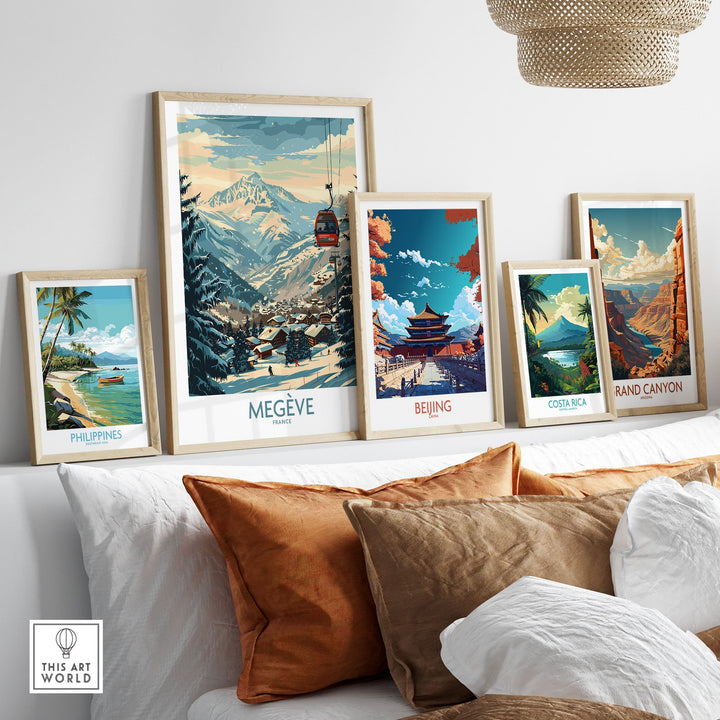 Gallery of wall art posters featuring ski scenes in Megève, France, and landscapes from Beijing, Costa Rica, and more.