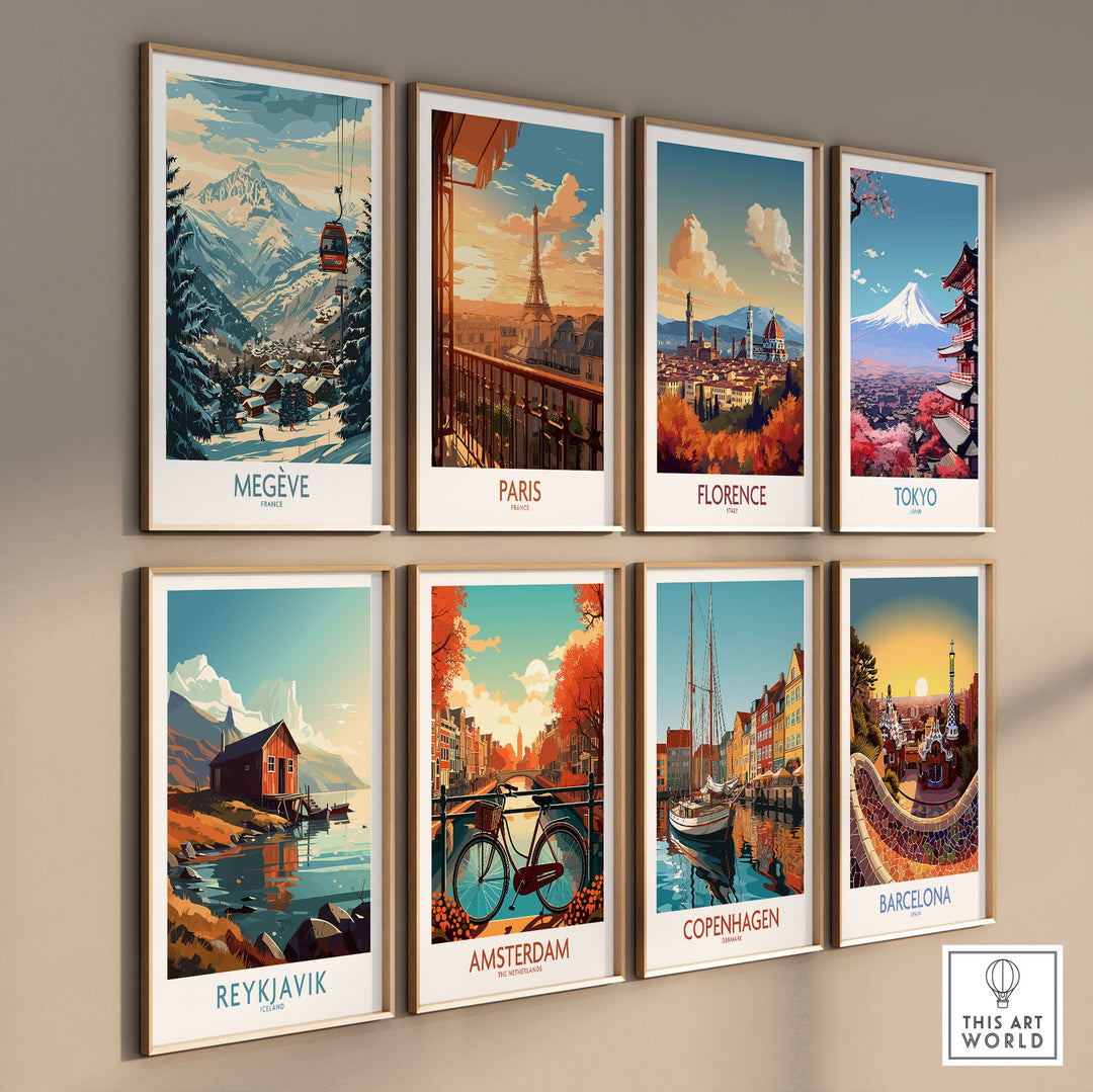 Wall art posters featuring scenic views of Megève, Paris, Florence, Tokyo, Reykjavik, Amsterdam, Copenhagen, and Barcelona.