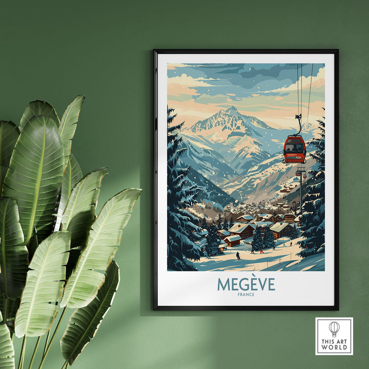 Megève wall art poster featuring a scenic ski village in France, with a red cable car and snow-capped mountains in the background.