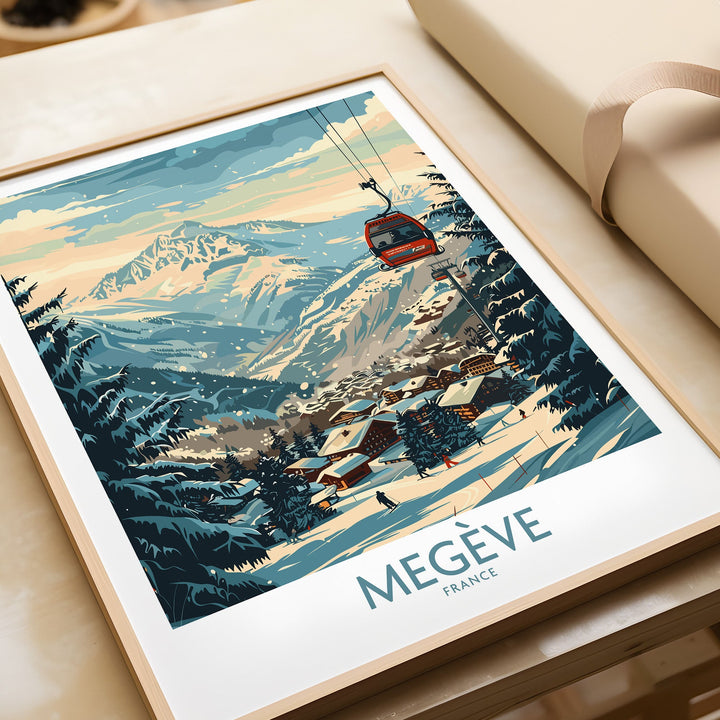 Vintage Megève Wall Art Poster featuring a ski scene in France with snow-capped mountains and a cable car ride. Ski Poster.