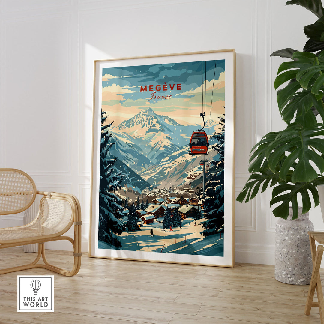 Megève wall art print featuring a ski poster with a scenic view of snowy mountains and a cable car in France.