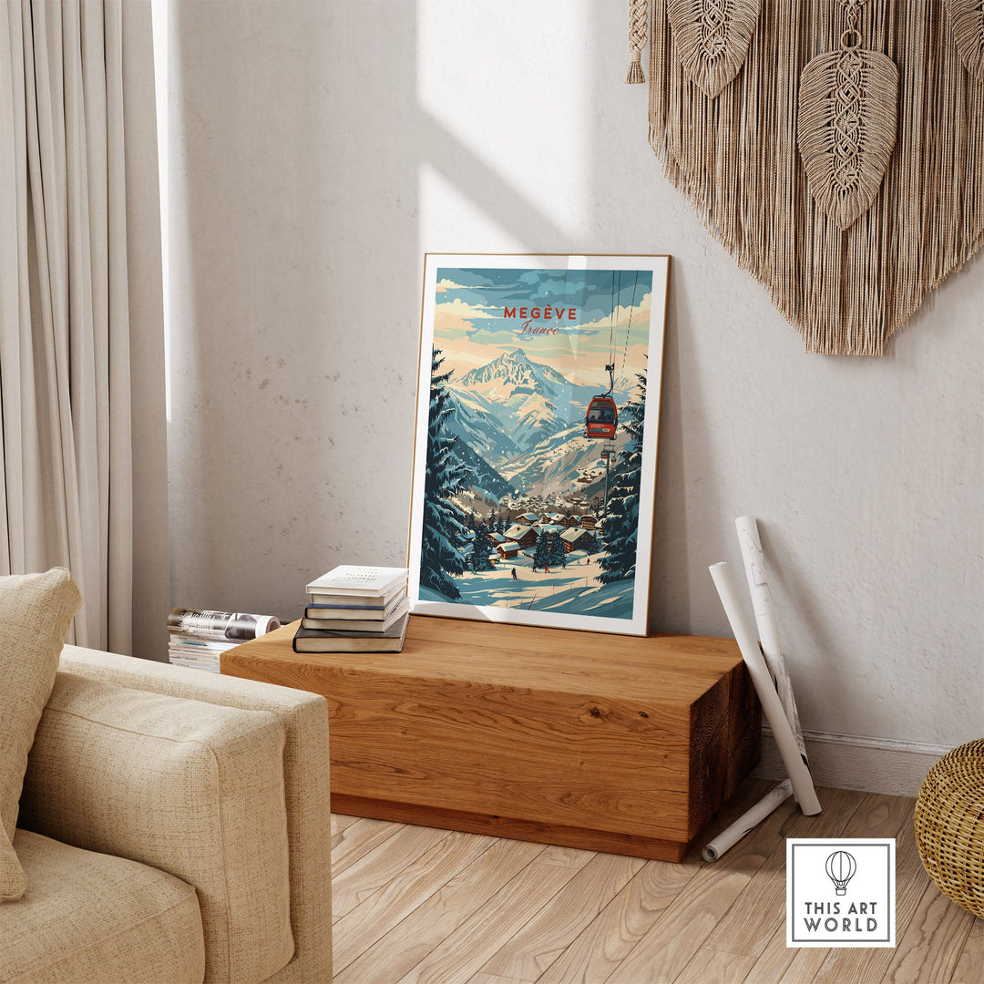 Megève ski poster featuring a scenic mountain view displayed in a cozy living room setting with natural decor elements.