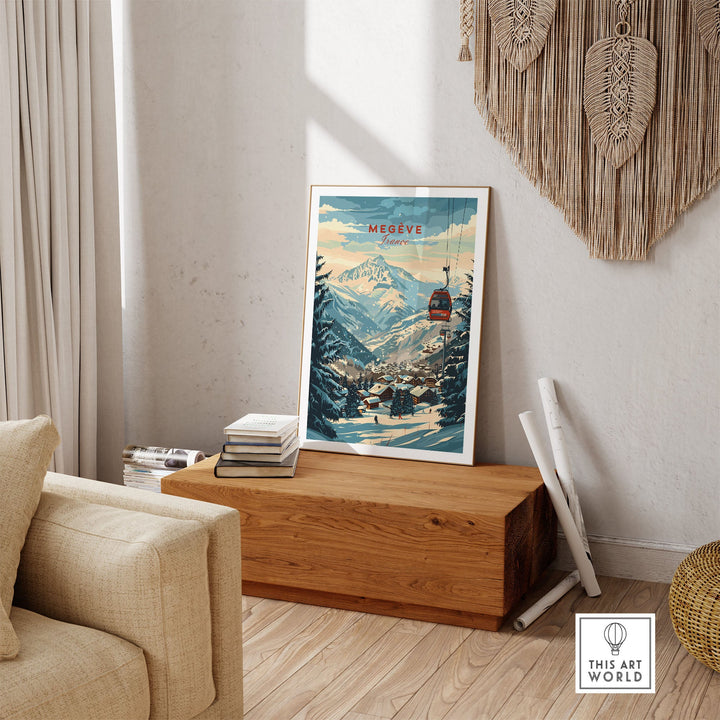 Megève ski poster featuring a scenic mountain view displayed in a cozy living room setting with natural decor elements.