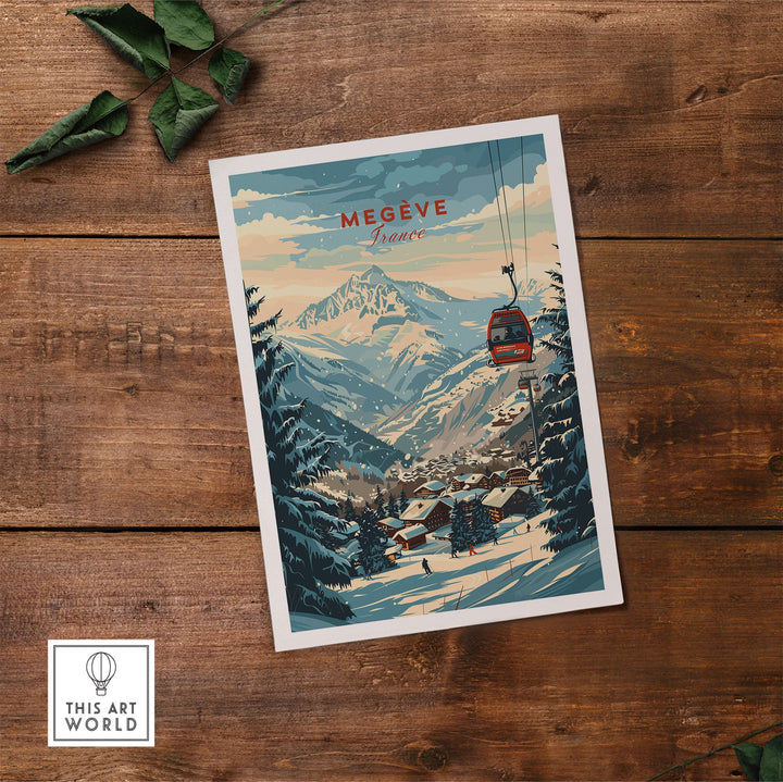 Megève France ski poster wall art print on wooden surface featuring snowy mountain and cable car scene.