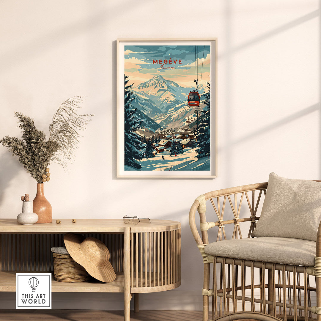 Megève wall art print featuring a scenic ski poster of French Alps in stylish room decor.