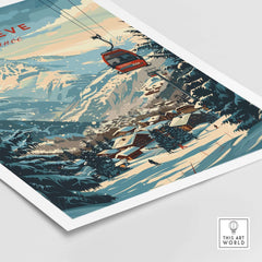Megève Wall Art Print showcasing ski lift and snowy mountains, perfect for ski lovers and elegant home decor.