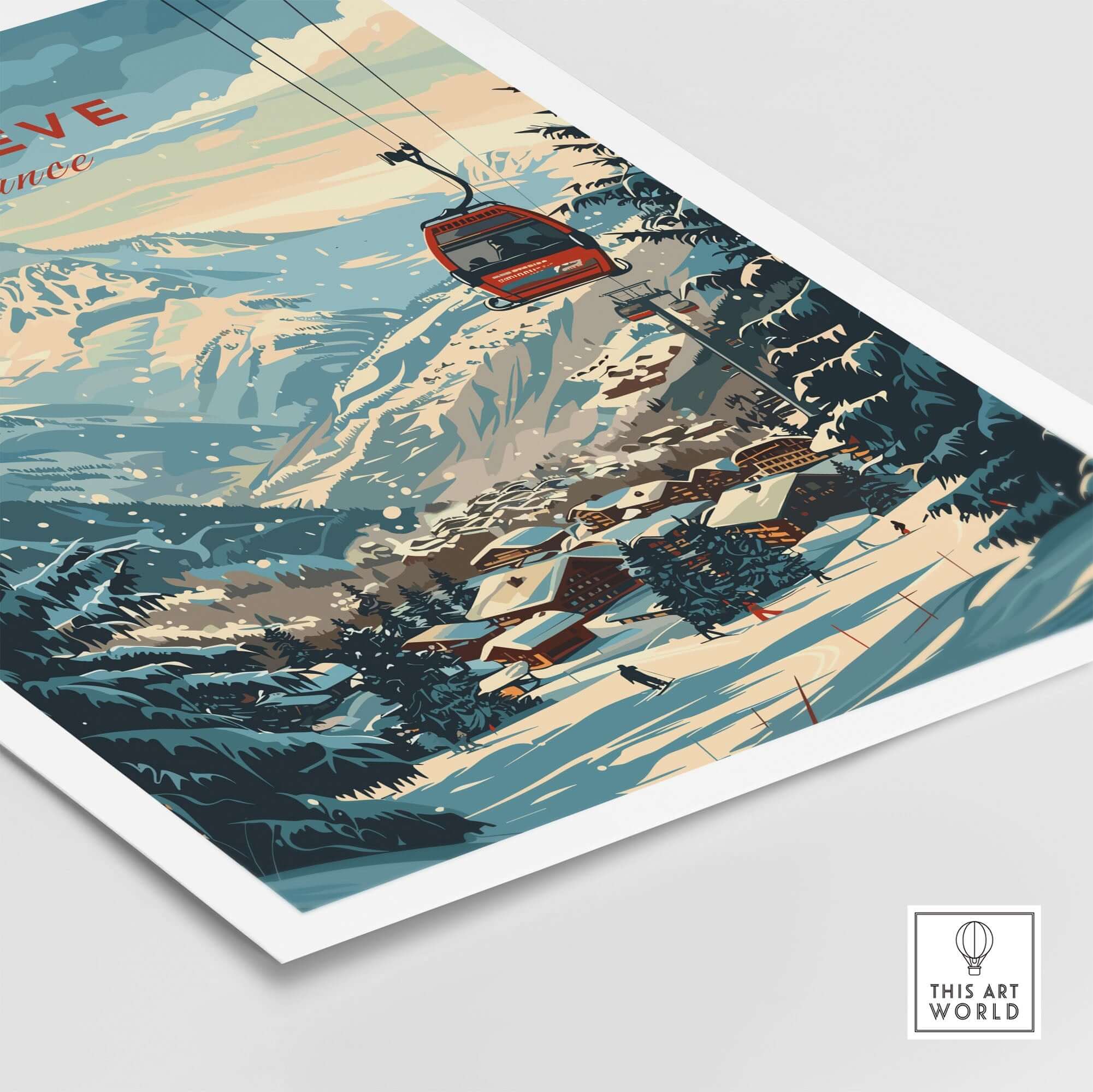 Megève Wall Art Print showcasing ski lift and snowy mountains, perfect for ski lovers and elegant home decor.