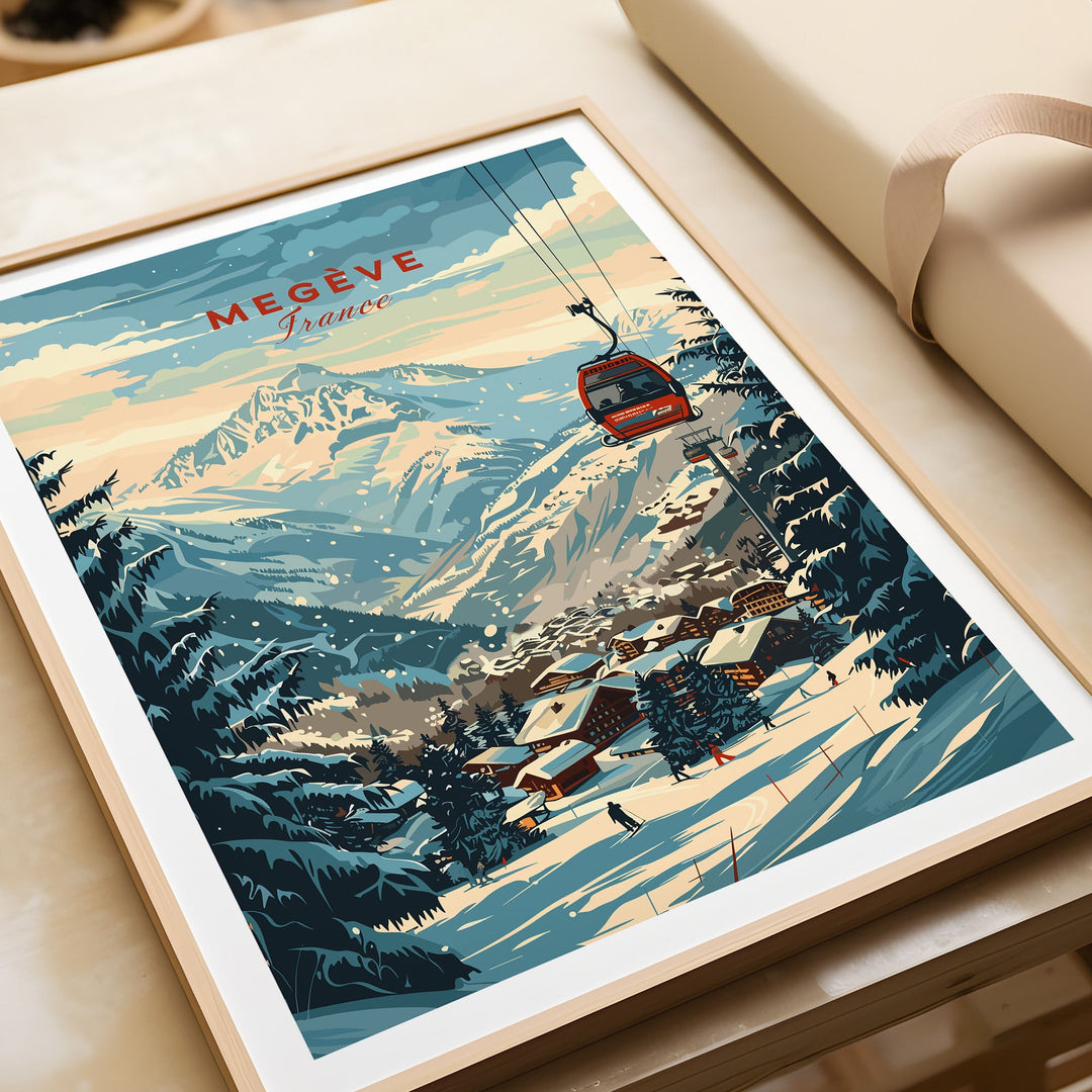 Megève ski poster wall art print featuring a scenic winter landscape in France with a cable car, perfect for home decor.