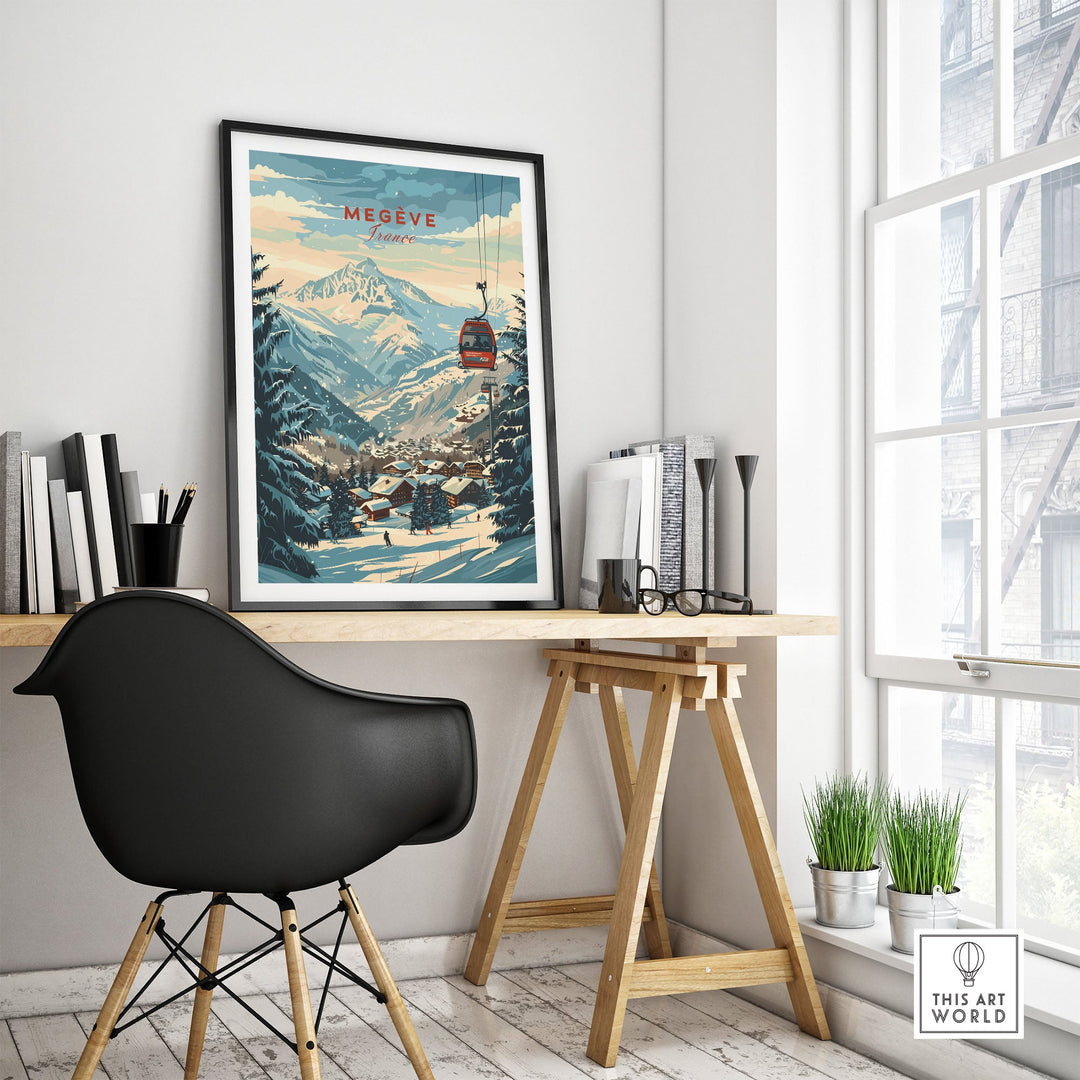 Megève wall art print of a snowy ski scene in France, featuring a gondola lift; perfect ski poster for stylish home decor.