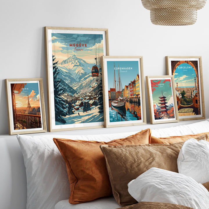 Megève France Ski Poster Wall Art Print Displayed with Other Travel Art Prints on Shelf