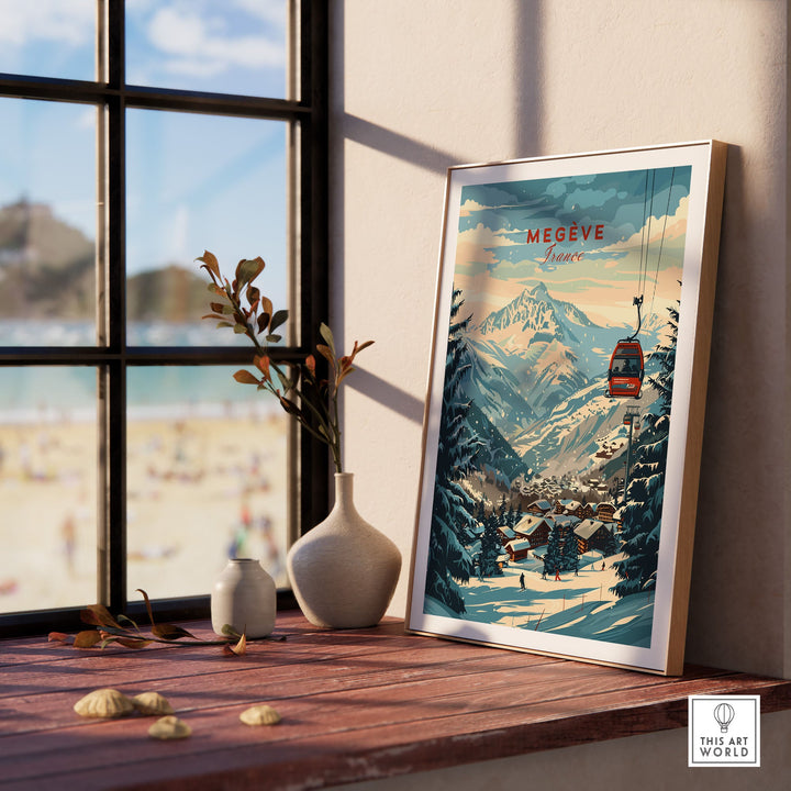 Megève wall art print featuring a scenic view of snowy mountains and a ski lift, perfect as a stylish ski poster for home decor.