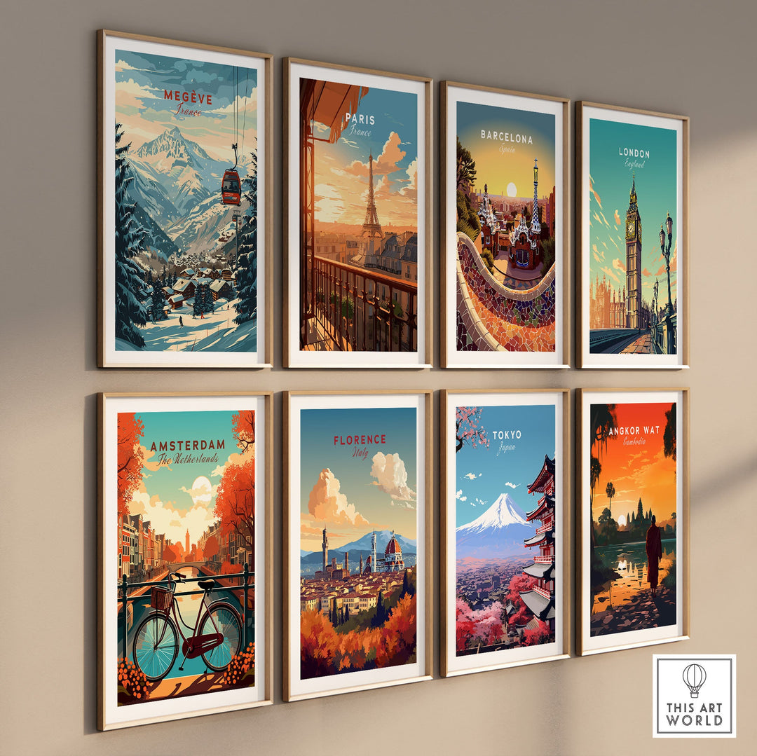 Artistic wall display featuring travel-themed prints including Megève ski poster and iconic city scenes from around the world.