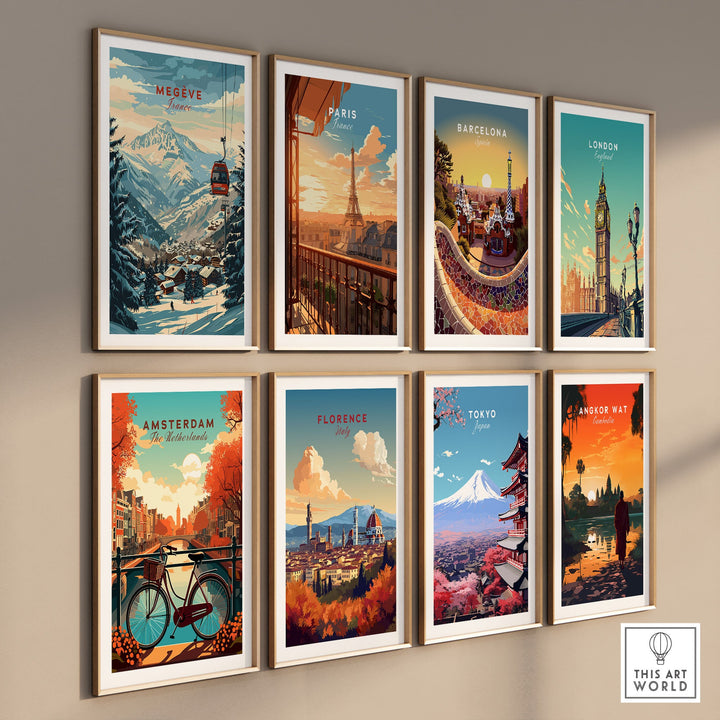 Artistic wall display featuring travel-themed prints including Megève ski poster and iconic city scenes from around the world.