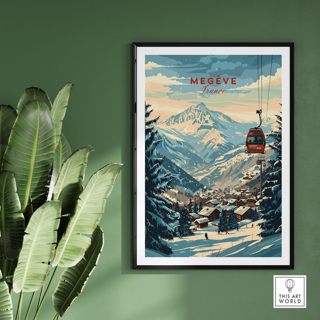 Megève Wall Art Print featuring a ski poster of scenic France with mountains and a cable car, perfect for winter sports enthusiasts.