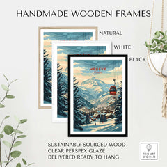 Handmade wooden frames with Megève ski poster, available in natural, white, and black. Sustainable, ready to hang.