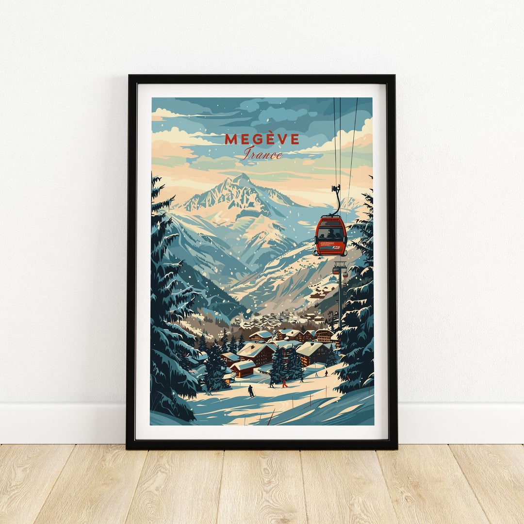 Megève wall art print featuring a ski poster of French alpine scenery with a cable car and snow-covered mountains.