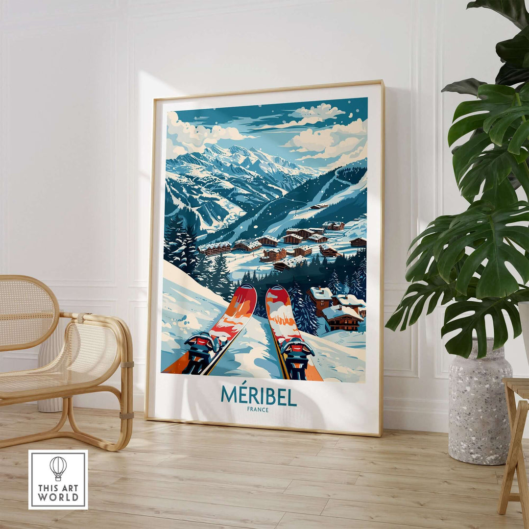 Meribel France ski resort wall art print displayed in modern living room setting