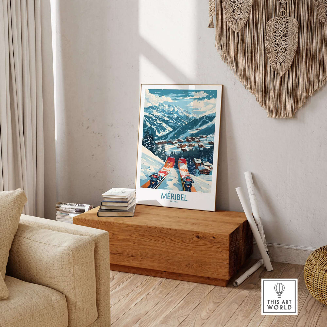 Vintage Méribel ski print on display in cozy living room with mountain scenery.