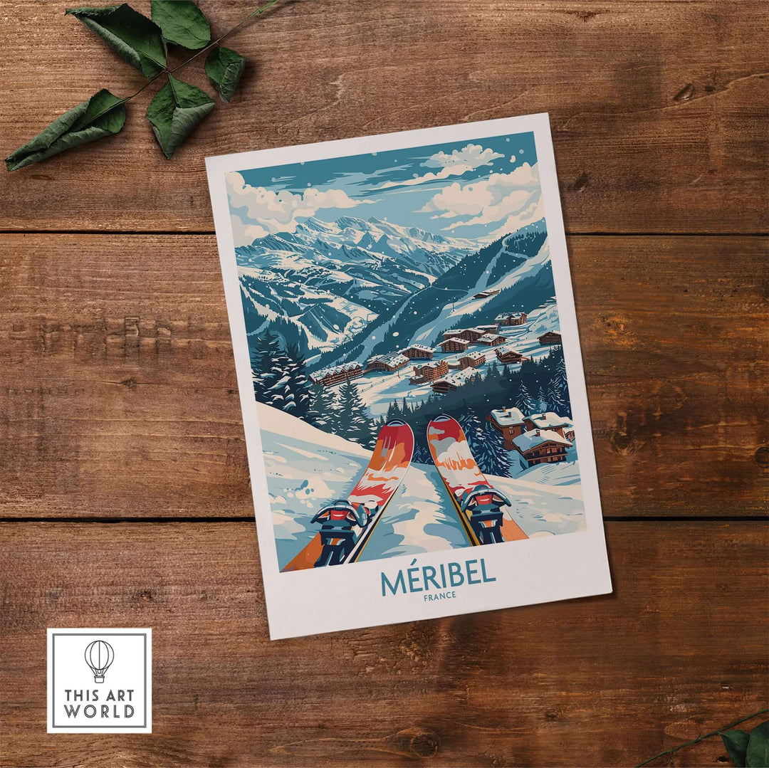 Meribel France ski resort wall art print on wooden table with mountain landscape scenery and skis in foreground.