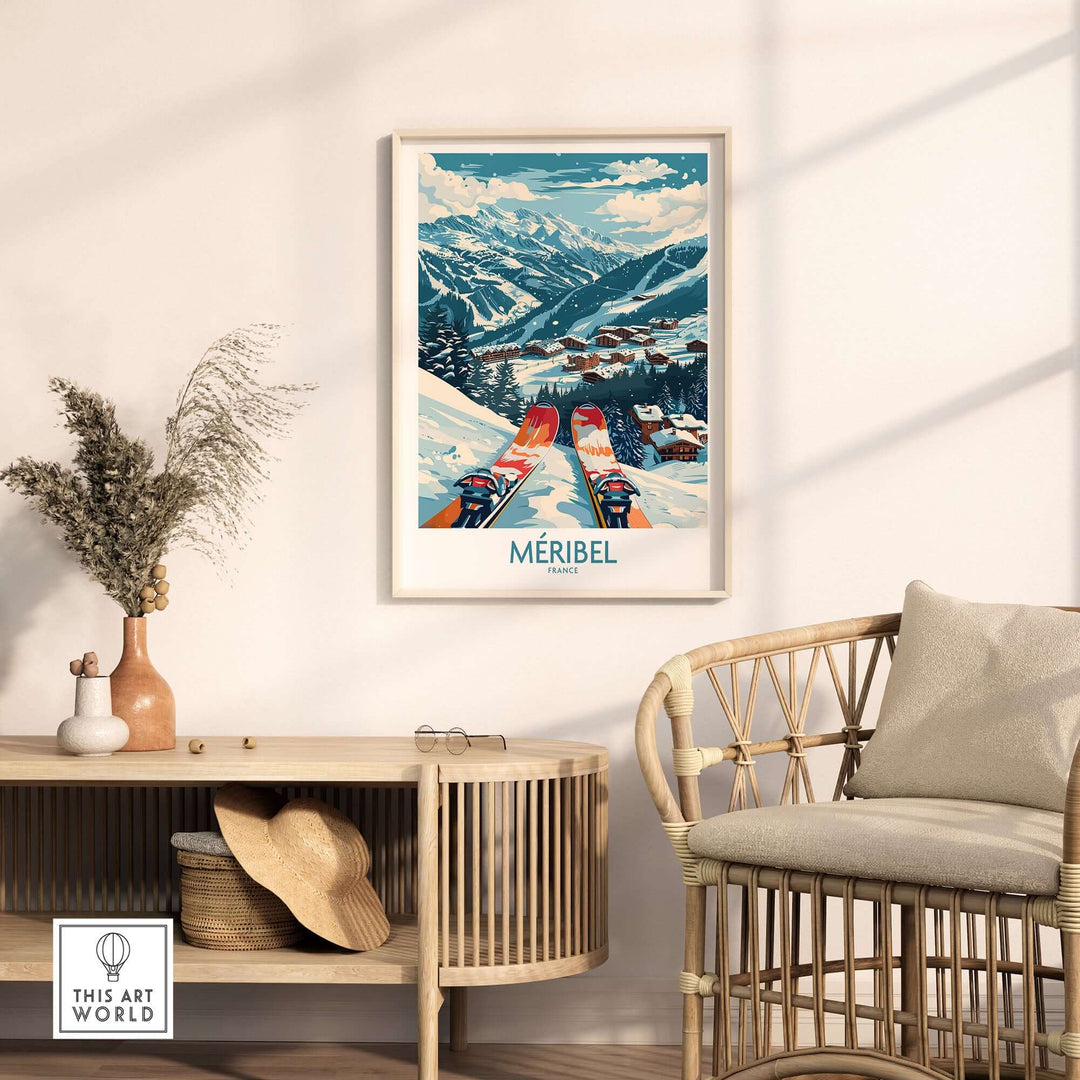 Stylish living room featuring Megève ski print wall art from France, with rustic decor and natural lighting.