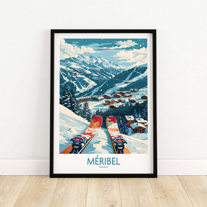 Vintage Méribel ski print featuring snowy French Alps and village, framed wall art decor.