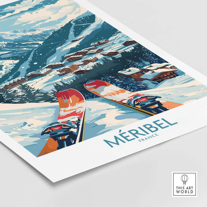 Ski-themed Méribel France wall art print with scenic snowy mountains and village view.