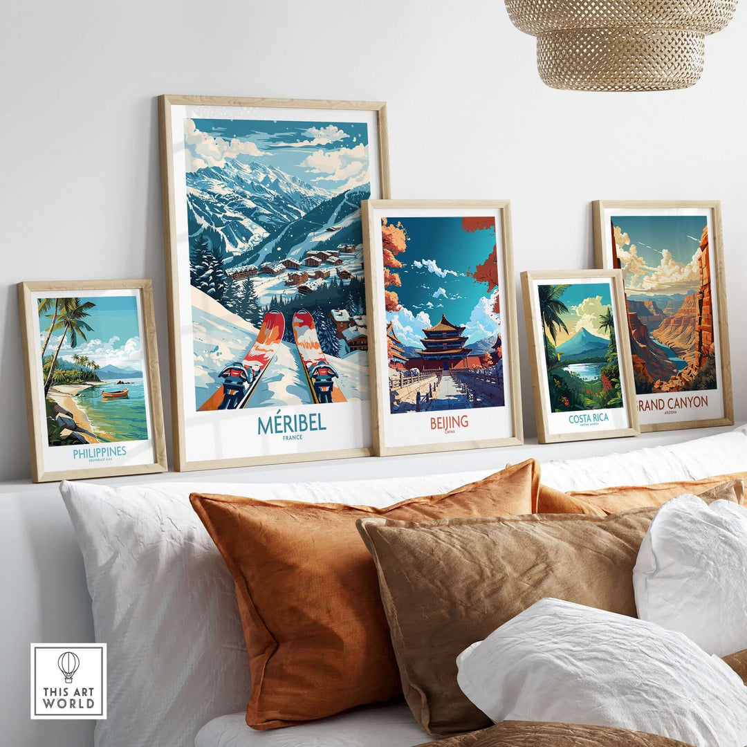 Collection of framed travel-themed wall art prints from various destinations, displayed on a shelf in a cozy room setting.