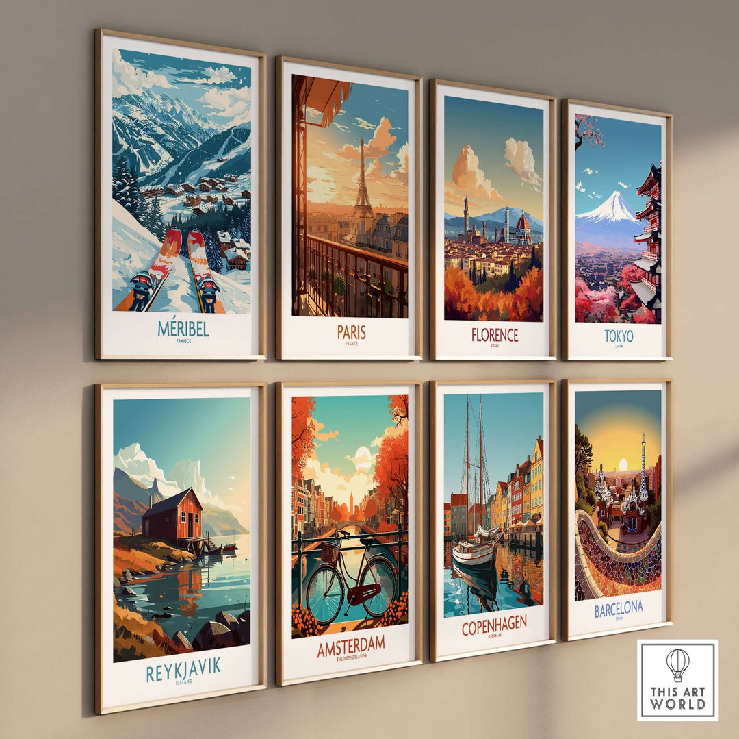 Collection of cityscape wall art prints including Méribel, Paris, Florence, Tokyo, Reykjavik, Amsterdam, Copenhagen, and Barcelona.