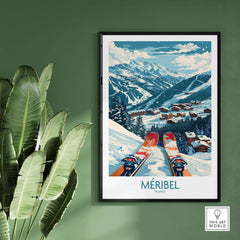 Vintage Méribel ski resort wall art print depicting snowy mountains in France, framed and hung on a green wall with plants nearby.