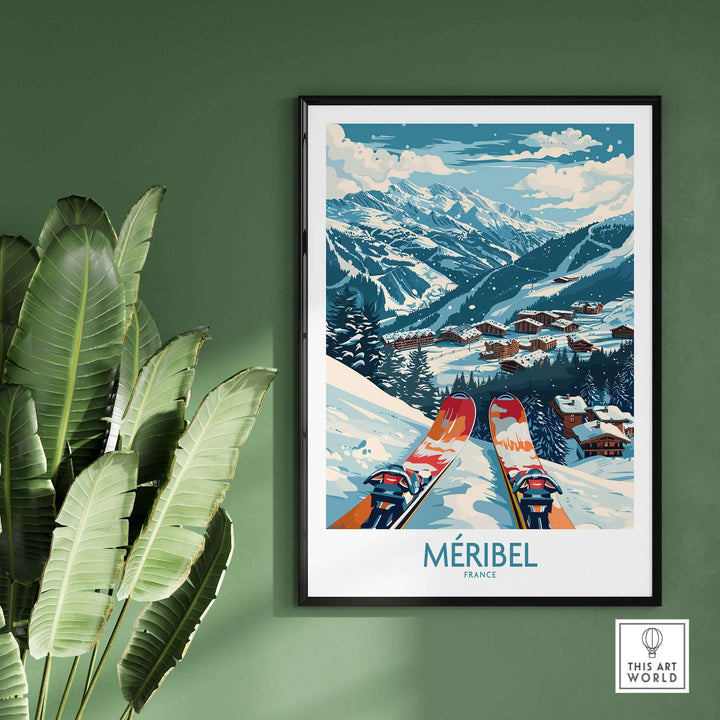 Vintage Méribel ski resort wall art print depicting snowy mountains in France, framed and hung on a green wall with plants nearby.