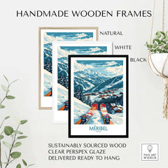 Meribel France ski print in handmade wooden frames in natural, white, and black. Sustainable wood, ready to hang.