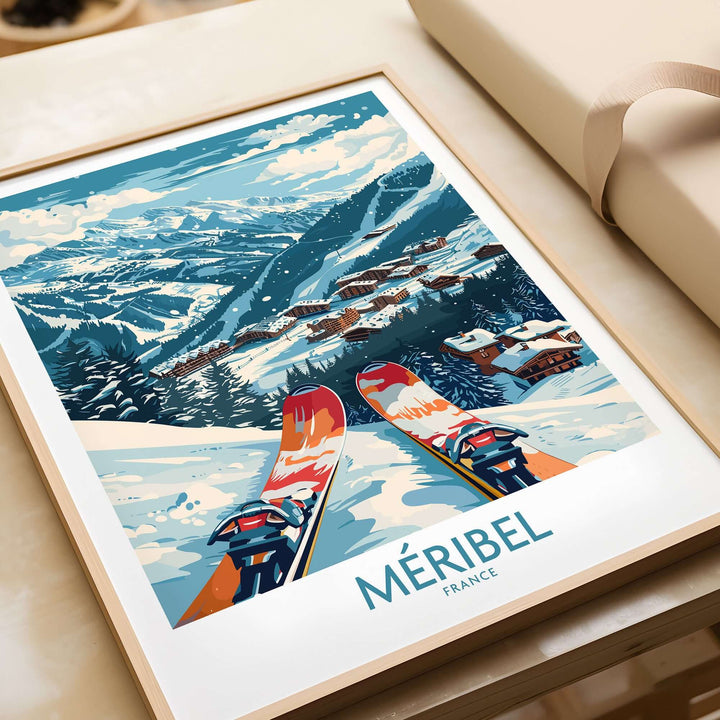 Vintage-style Méribel ski print featuring snowy slopes and alpine village, showcasing iconic French winter scenery.