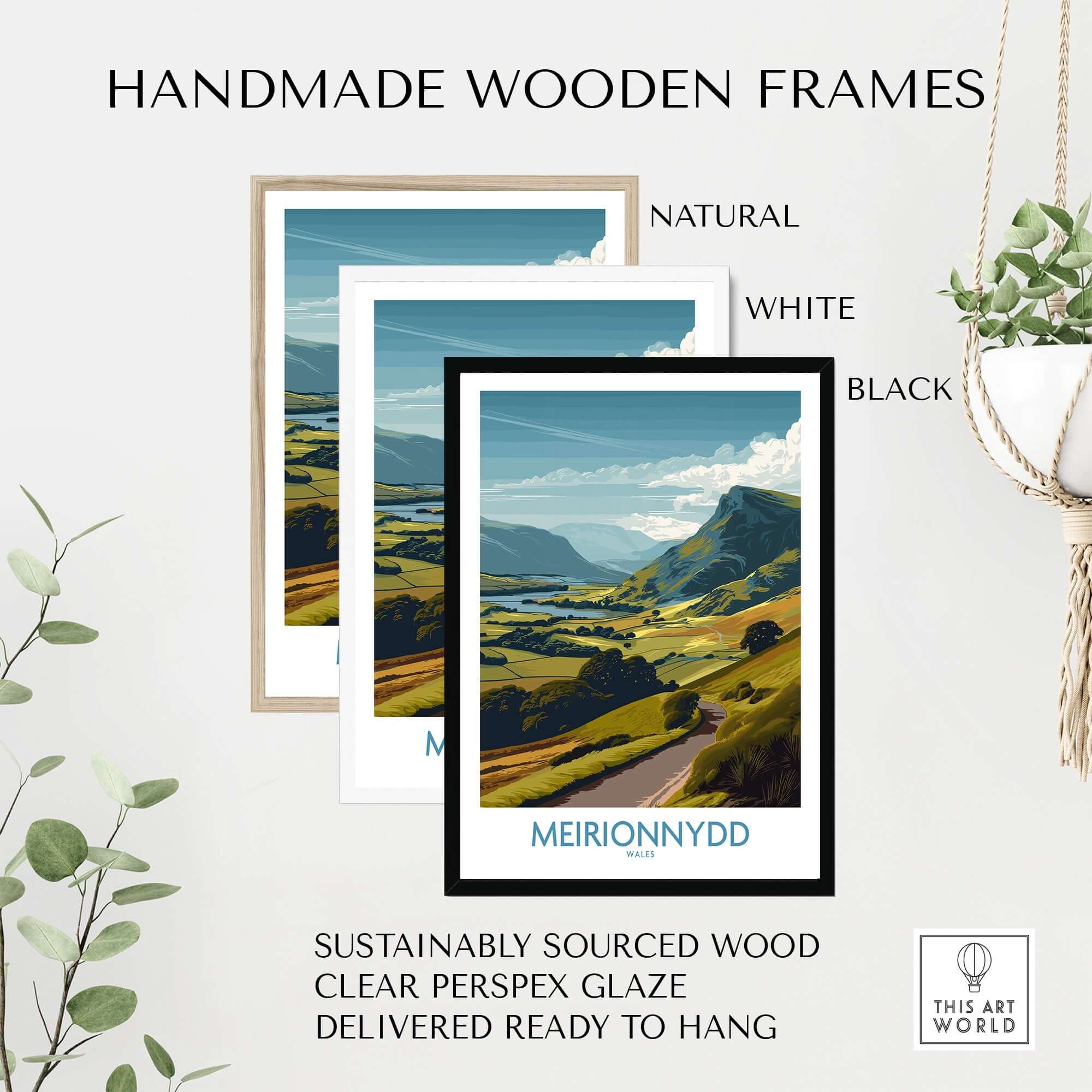 Meirionnydd Valley Print - Welsh Countryside Decor in handmade wooden frames in natural, white, and black finishes.