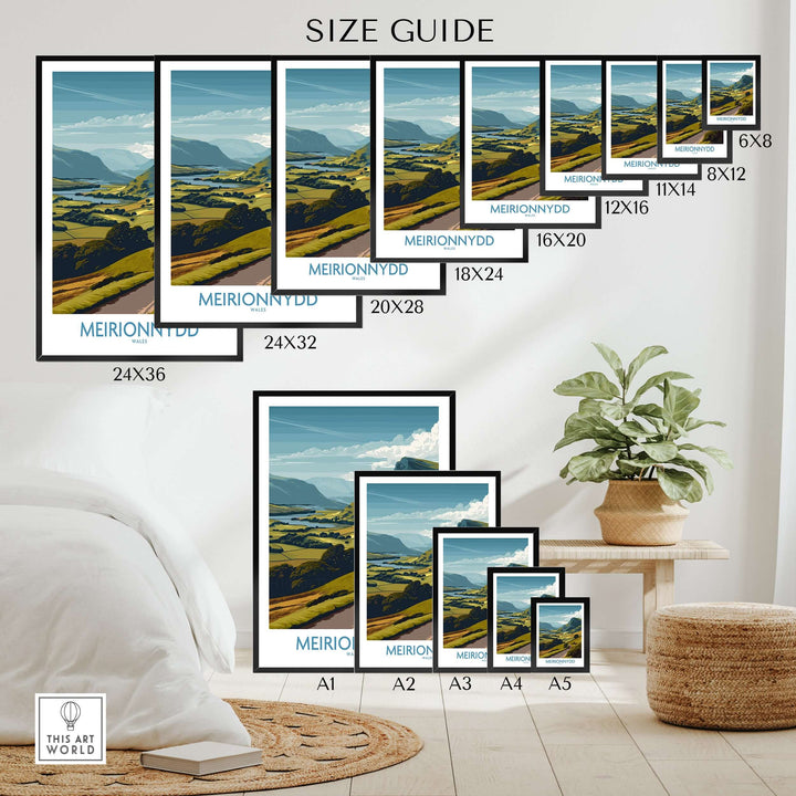 Meirionnydd Valley Print size guide showcasing various frame sizes for Welsh countryside decor in a home setting.
