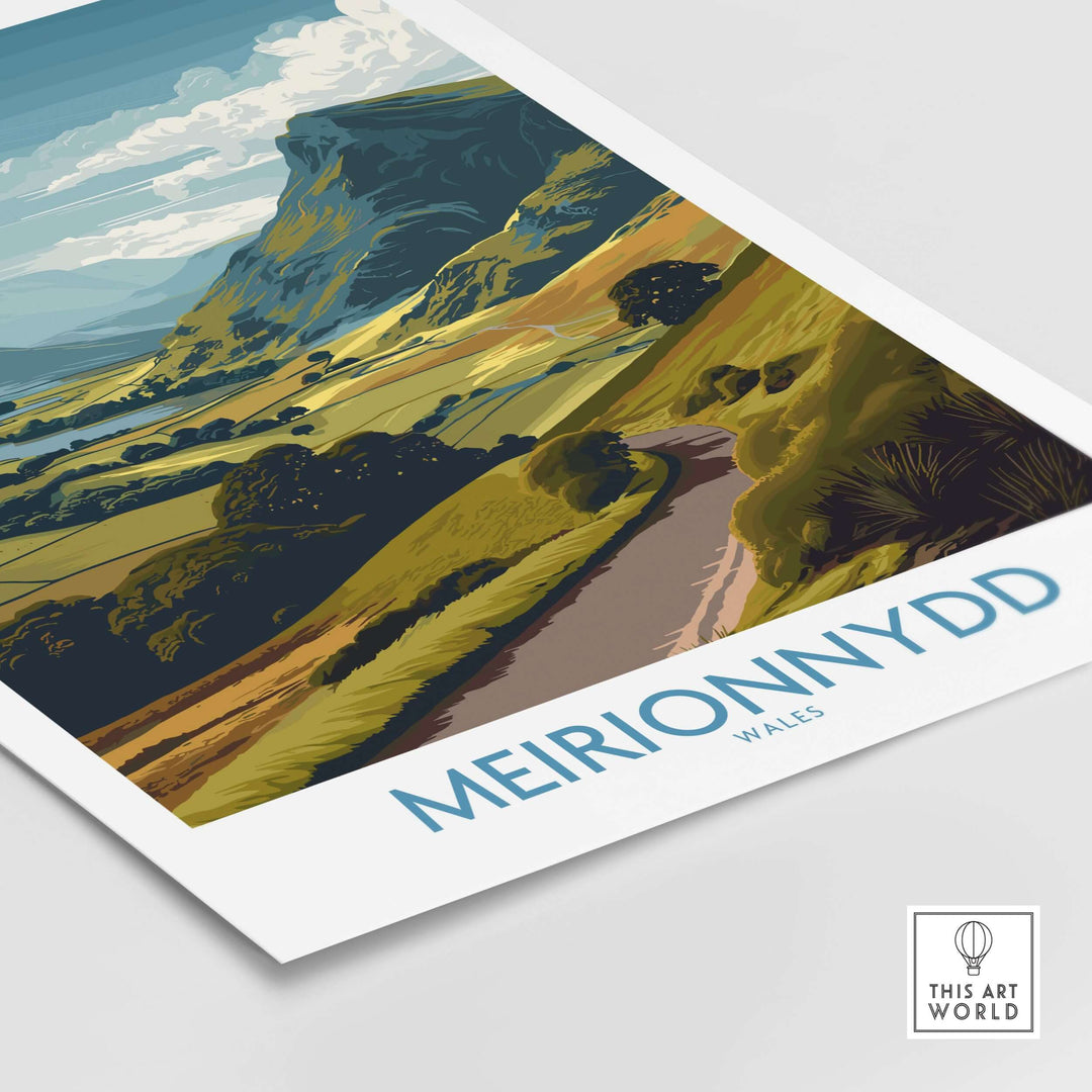 Meirionnydd Valley Print showcasing lush Welsh countryside with scenic hills and a winding road, ideal for home decor.