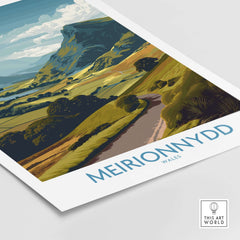 Meirionnydd Valley Print - Welsh Countryside Decor showcasing scenic Wales landscape with hills and a winding road.