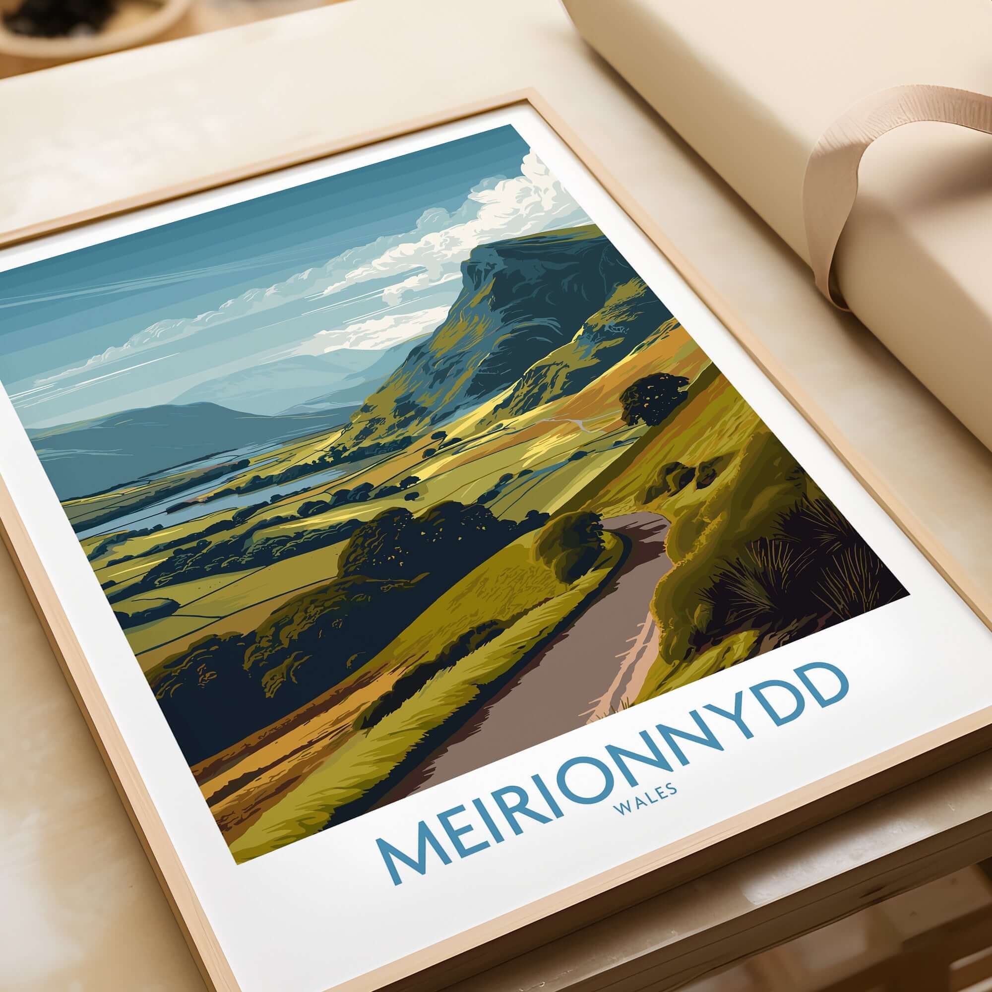 Meirionnydd Valley Print - Welsh Countryside Decor showcasing scenic Welsh landscape with hills and valleys.