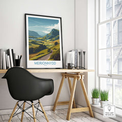 Meirionnydd Valley Print - Welsh Countryside Decor displayed in a stylish home office with modern decor.